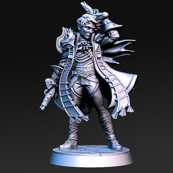 Irvid, Fashionable Male Pirate Gunslinger - Single Roleplaying Miniature for D&D or Pathfinder - 32mm Scale Resin 3D Print - RN EStudios - Gootzy Gaming