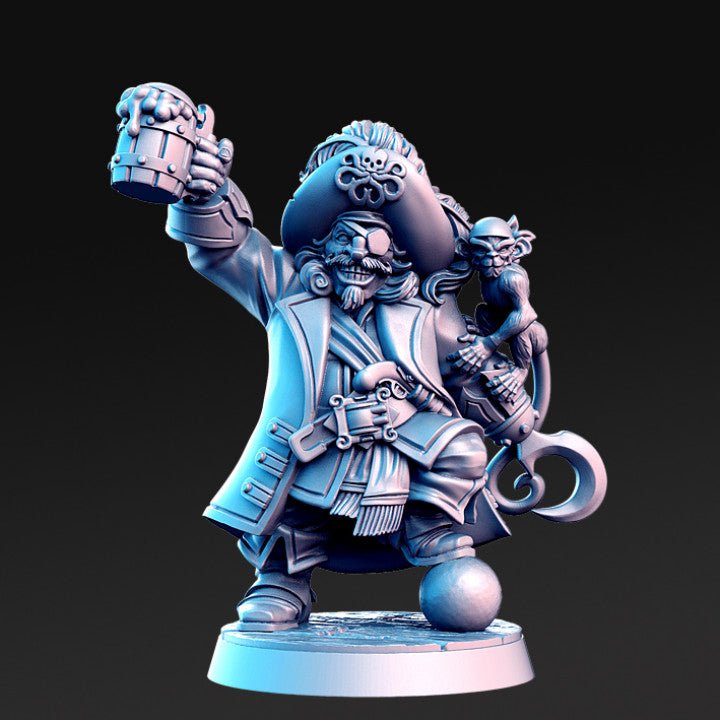 Madolf, Dwarf Pirate Captain with Monkey - Single Roleplaying Miniature for D&D or Pathfinder - 32mm Scale Resin 3D Print - RN EStudios - Gootzy Gaming