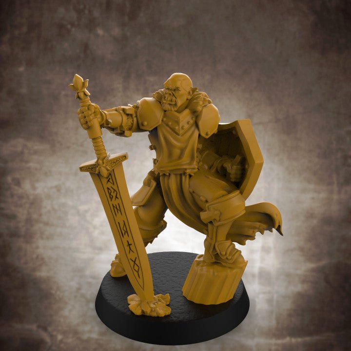 Orc Paladin with Magic Greatsword and Shield - Roleplaying Mini for D&D or Pathfinder - 32mm Scale High Quality 8k Resin 3D Print - Lion Tower Miniatures - Gootzy Gaming