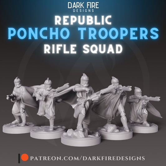 Republic P2 Poncho Troopers with Long Rifles - 5 Miniature Bundle - SW Legion Compatible (38 - 40mm tall) Resin 3D Print - Dark Fire Designs - Gootzy Gaming