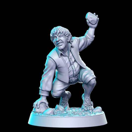 Rock Throwing Hobbit - Single Roleplaying Miniature for D&D or Pathfinder - 32mm Scale Resin 3D Print - RN EStudios - Gootzy Gaming