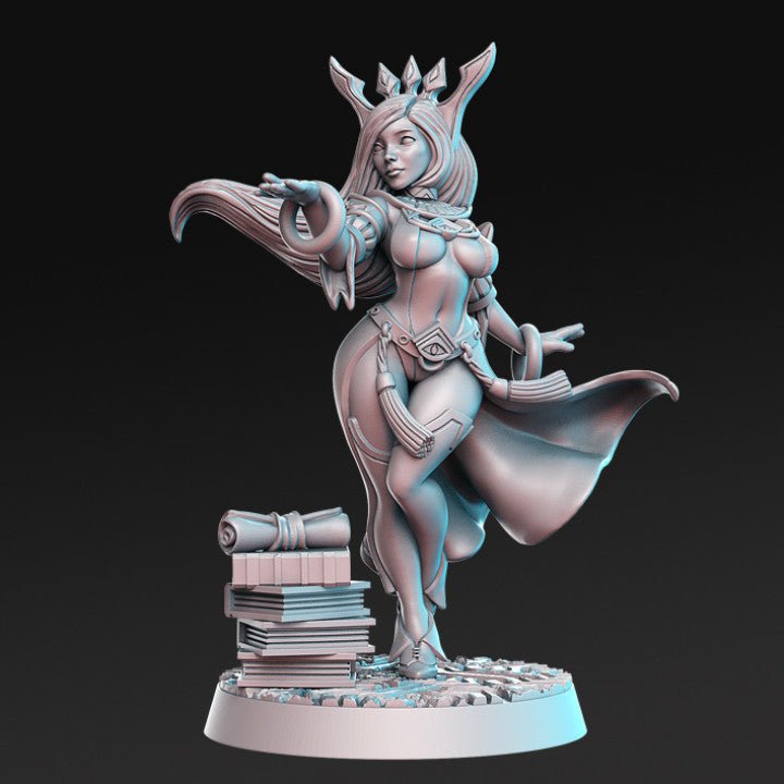 Sapphire, Enchanting Female Librarian Wizard - Single Roleplaying Miniature for D&D or Pathfinder - 32mm Scale Resin 3D Print - RN EStudios - Gootzy Gaming